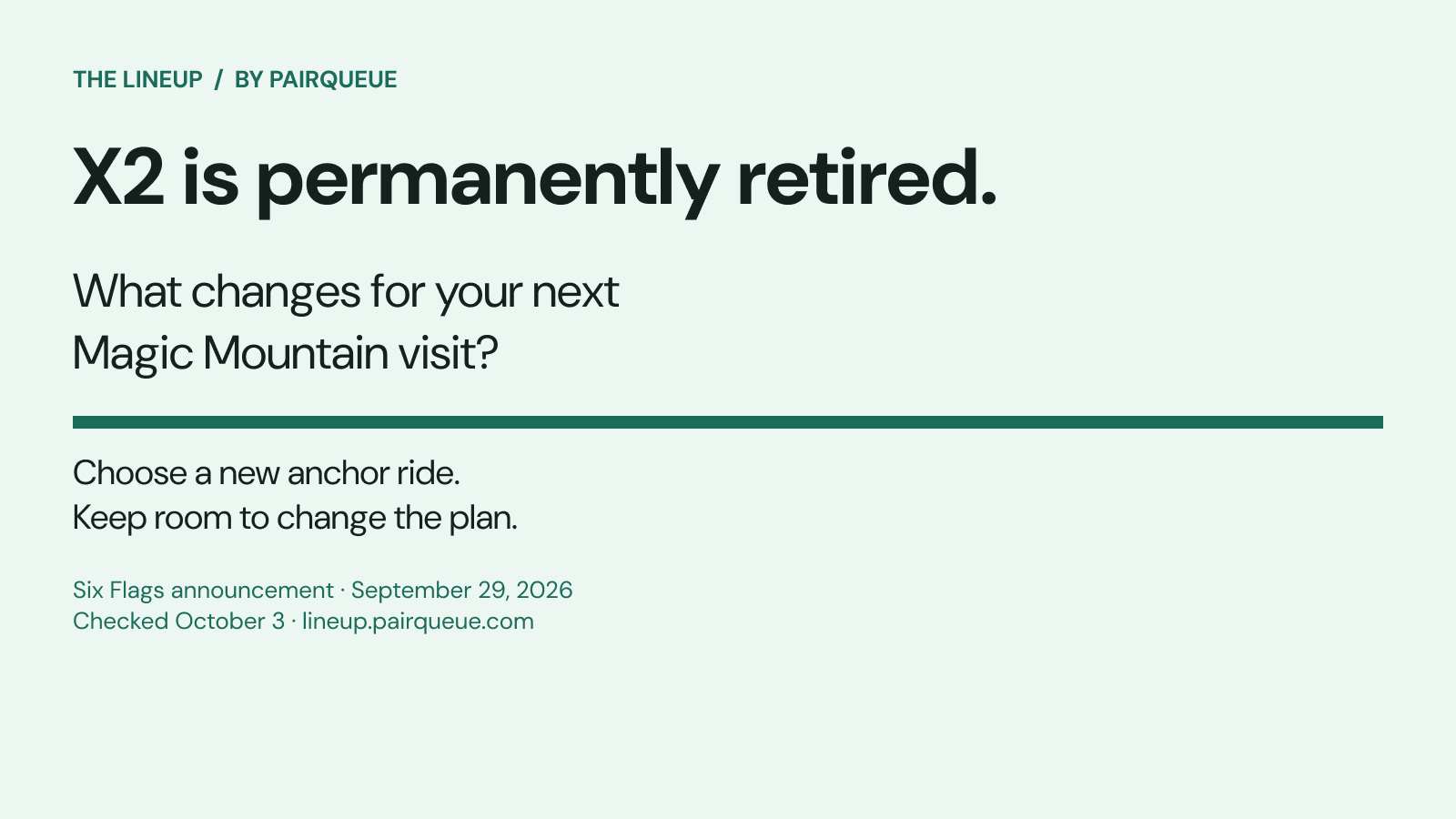 PairQueue editorial graphic: X2 is permanently retired. Choose a new anchor ride and keep room to change the plan.